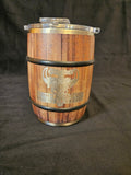 Barrel travel mug with engraved female logo, front
