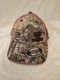 Women's camo Flexfit hat with engraved leather Bones & Hide Preservation patch, front