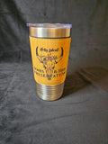 Tan leather-wrapped tumbler with engraved female longhorn skull logo, front