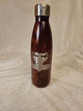 Wood-grain water bottle with engraved female Bones & Hide Preservation logo, front